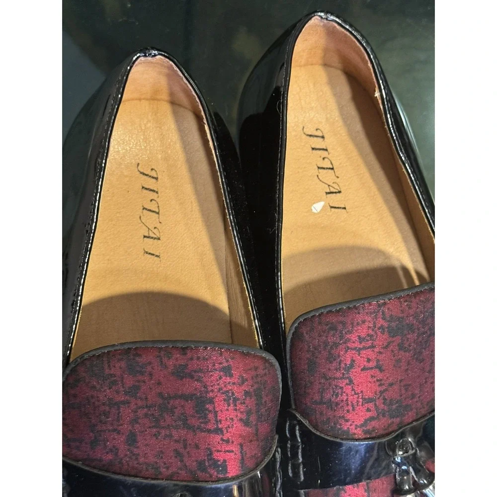 Jitai Mens 9 Black Red Shiny Faux Patent Leather Slide On Tassel Loafer Shoes